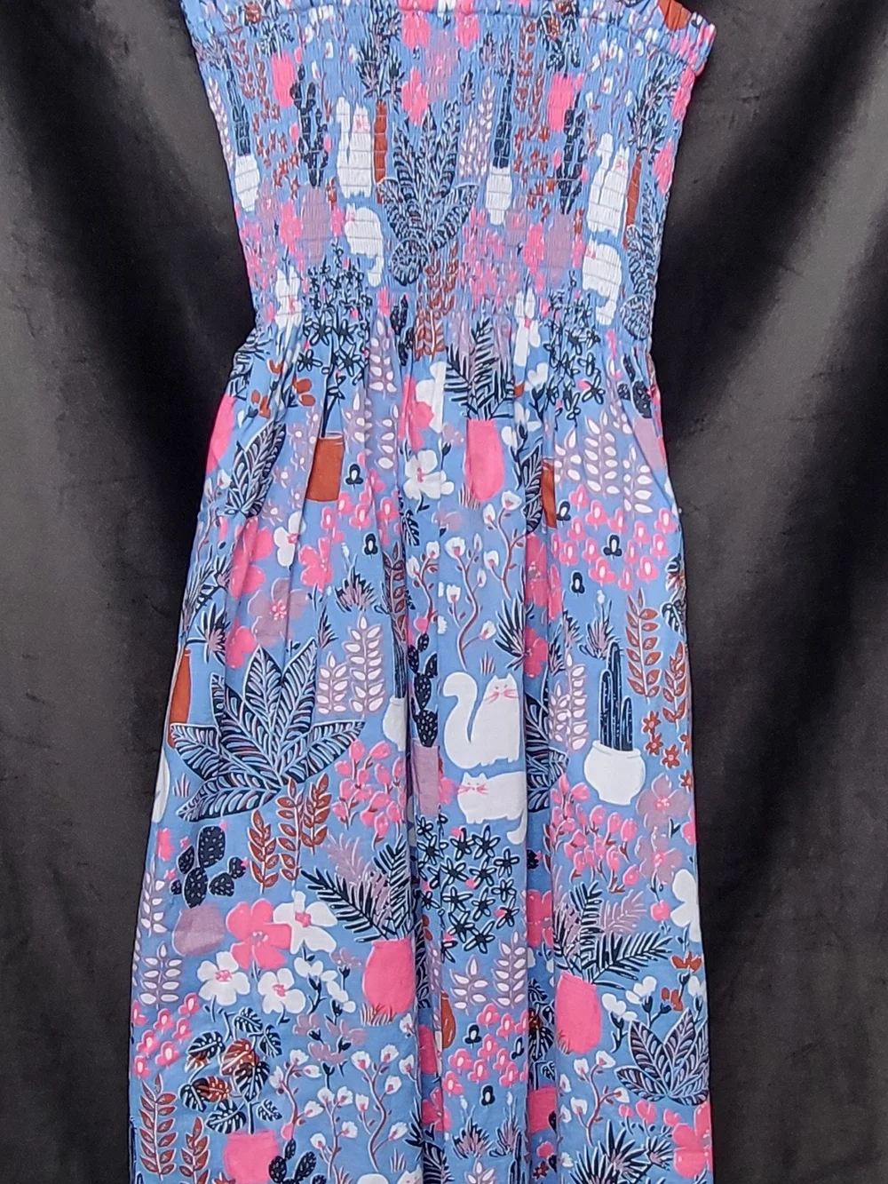 Kate Spade New York Cat Print Smocked Midi Dress Blue Floral Pockets Size XS